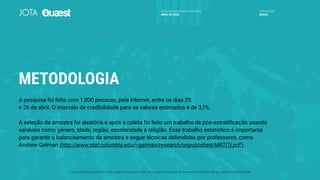 METODOLOGIA
A pesquisa foi feita com 1.000 pessoas, pela internet, entre os dias 25
e 26 de abril. O intervalo de credibilidade para os valores estimados é de 3,1%.
A seleção da amostra foi aleatória e após a coleta foi feito um trabalho de pós-estratificação usando
variáveis como gênero, idade, região, escolaridade e religião. Esse trabalho estatístico é importante
para garantir o balanceamento da amostra e segue técnicas defendidas por professores, como
Andrew Gelman (http://www.stat.columbia.edu/~gelman/research/unpublished/MRT(1).pdf).
PESQUISA DE OPINIÃO NACIONAL
ABRIL DE 2020
POPULAÇÃO
BRASIL
Todos os direitos reservados. Este material foi produzido pelo JOTA para uso exclusivo do destinatário, não devendo ser copiado ou redistribuído.
 