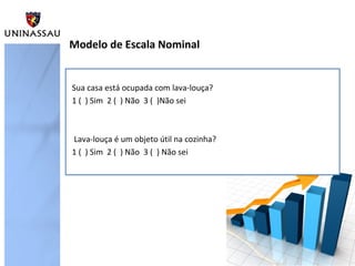 Modelo de Escala Nominal
Sua casa está ocupada com lava-louça?
1 ( ) Sim 2 ( ) Não 3 ( )Não sei
Lava-louça é um objeto útil na cozinha?
1 ( ) Sim 2 ( ) Não 3 ( ) Não sei
 