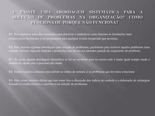 R1- Nos reunimos antes das instalações para priorizar e estabelecer como faremos as instalações mais
criticas assim facilitamos a nos preparamos para qualquer evento inesperado que aconteça.

R2- Sim, existem algumas abordagens para solução de problemas, geralmente para resolver aqueles problemas mais
comuns. Existem algumas medidas e protocolos que devem ser adotados quando do surgimento do problema.

R3- Só existe alguma abordagem sistemática se for no escritório pois na esteira tudo é muito igual sempre muda o
modelo do sapato mas o processo não muda.

R4- Temos reuniões semanais para definir as ordens da semana ,e os problemas que devemos solucionar

R5- Sim, existe reuniões diárias que tem como foco a discussão dos índices de controle e a elaboração de estratégias
baseada no conhecimento e experiência na solução de problemas.
 