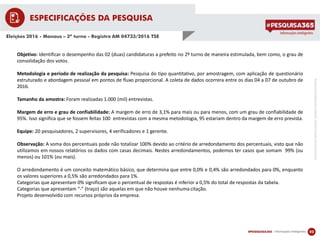 PESQUISAREGISTRADASOBONÚMERODEIDENTIFICAÇÃO:AM04733/2016TSE..
ESPECIFICAÇÕES DA PESQUISA
02
Objetivo: Identificar o desempenho das 02 (duas) candidaturas a prefeito no 2º turno de maneira estimulada, bem como, o grau de
consolidação dos votos.
Metodologia e período de realização da pesquisa: Pesquisa do tipo quantitativo, por amostragem, com aplicação de questionário
estruturado e abordagem pessoal em pontos de fluxo proporcional. A coleta de dados ocorrera entre os dias 04 a 07 de outubro de
2016.
Tamanho da amostra: Foram realizadas 1.000 (mil) entrevistas.
Margem de erro e grau de confiabilidade: A margem de erro de 3,1% para mais ou para menos, com um grau de confiabilidade de
95%. Isso significa que se fossem feitas 100 entrevistas com a mesma metodologia, 95 estariam dentro da margem de erro prevista.
Equipe: 20 pesquisadores, 2 supervisores, 4 verificadores e 1 gerente.
Observação: A soma dos percentuais pode não totalizar 100% devido ao critério de arredondamento dos percentuais, visto que não
utilizamos em nossos relatórios os dados com casas decimais. Nestes arredondamentos, podemos ter casos que somam 99% (ou
menos) ou 101% (ou mais).
O arredondamento é um conceito matemático básico, que determina que entre 0,0% e 0,4% são arredondados para 0%, enquanto
os valores superiores a 0,5% são arredondados para 1%.
Categorias que apresentam 0% significam que o percentual de respostas é inferior a 0,5% do total de respostas da tabela.
Categorias que apresentam “-” (traço) são aquelas em que não houve nenhuma citação.
Projeto desenvolvido com recursos próprios da empresa.
Eleições 2016 - Manaus – 2º turno - Registro AM 04733/2016 TSE
 
