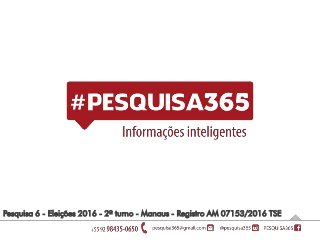 PESQUISAREGISTRADASOBONÚMERODEIDENTIFICAÇÃO:AM07153/2016TSE
Pesquisa 6 - Eleições 2016 - 2º turno - Manaus - Registro AM 07153/2016 TSE
 
