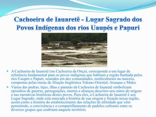  A Cachoeira de Iauaretê (ou Cachoeira da Onça), corresponde a um lugar de
referência fundamental para os povos indígenas que habitam a região banhada pelos
rios Uaupés e Papuri, reunidos em dez comunidades, multiculturais na maioria,
compostas pelas etnias de filiação lingüística Tukano Oriental, Aruaque e Maku.
 Várias das pedras, lajes, ilhas e paranás da Cachoeira de Iauaretê simbolizam
episódios de guerras, perseguições, mortes e alianças descritos nos mitos de origem
e nas narrativas históricas destes povos. Para eles, a Cachoeira de Iauaretê é seu
Lugar Sagrado, onde está marcada a história de sua origem e fixação nessa região,
assim como a história do estabelecimento das relações de afinidade que vêm
permitindo, a convivência e o compartilhamento de padrões culturais entre os
diversos grupos que coabitam naquele território.
 