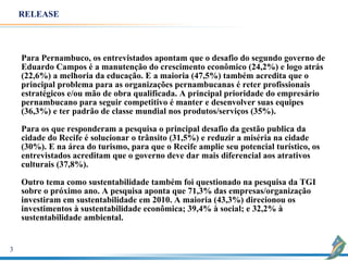RELEASE




    Para Pernambuco, os entrevistados apontam que o desafio do segundo governo de
    Eduardo Campos é a manutenção do crescimento econômico (24,2%) e logo atrás
    (22,6%) a melhoria da educação. E a maioria (47,5%) também acredita que o
    principal problema para as organizações pernambucanas é reter profissionais
    estratégicos e/ou mão de obra qualificada. A principal prioridade do empresário
    pernambucano para seguir competitivo é manter e desenvolver suas equipes
    (36,3%) e ter padrão de classe mundial nos produtos/serviços (35%).

    Para os que responderam a pesquisa o principal desafio da gestão publica da
    cidade do Recife é solucionar o trânsito (31,5%) e reduzir a miséria na cidade
    (30%). E na área do turismo, para que o Recife amplie seu potencial turístico, os
    entrevistados acreditam que o governo deve dar mais diferencial aos atrativos
    culturais (37,8%). 

    Outro tema como sustentabilidade também foi questionado na pesquisa da TGI
    sobre o próximo ano. A pesquisa aponta que 71,3% das empresas/organização
    investiram em sustentabilidade em 2010. A maioria (43,3%) direcionou os
    investimentos à sustentabilidade econômica; 39,4% à social; e 32,2% à
    sustentabilidade ambiental.


3
 