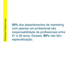 PerﬁldosProﬁssionais!
50% dos departamentos de marketing
com apenas um proﬁssional são
responsabilidade de proﬁssionais entre
21 e 30 anos. Desses, 85% não têm
especialização.!
 