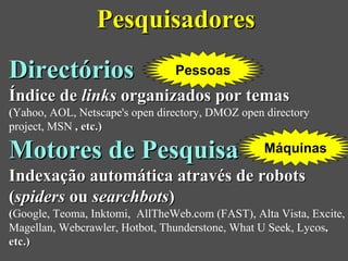 Pesquisadores
Directórios                     Pessoas
Índice de links organizados por temas
(Yahoo, AOL, Netscape's open directory, DMOZ open directory
project, MSN , etc.)

Motores de Pesquisa                               Máquinas

Indexação automática através de robots
(spiders ou searchbots)
(Google, Teoma, Inktomi, AllTheWeb.com (FAST), Alta Vista, Excite,
Magellan, Webcrawler, Hotbot, Thunderstone, What U Seek, Lycos,
etc.)
 