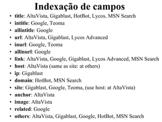Indexação de campos
•   title: AltaVista, Gigablast, HotBot, Lycos, MSN Search
•   intitle: Google, Teoma
•   allintitle: Google
•   url: AltaVista, Gigablast, Lycos Advanced
•   inurl: Google, Teoma
•   allinurl: Google
•   link: AltaVista, Google, Gigablast, Lycos Advanced, MSN Search
•   host: AltaVista (same as site: at others)
•   ip: Gigablast
•   domain: HotBot, MSN Search
•   site: Gigablast, Google, Teoma, (use host: at AltaVista)
•   anchor: AltaVista
•   image: AltaVista
•   related: Google
•   others: AltaVista, Gigablast, Google, HotBot, MSN Search
 
