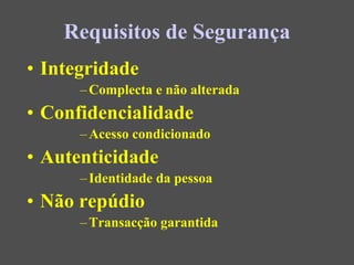 Requisitos de Segurança
• Integridade
      – Complecta e não alterada
• Confidencialidade
      – Acesso condicionado
• Autenticidade
      – Identidade da pessoa
• Não repúdio
      – Transacção garantida
 