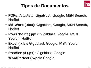 Tipos de Documentos

         • PDFs: AltaVista, Gigablast, Google, MSN Search,
           HotBot
         • MS Word (.doc): Gigablast, Google, MSN Search,
           HotBot
         • PowerPoint (.ppt): Gigablast, Google, MSN
           Search, HotBot
         • Excel (.xls): Gigablast, Google, MSN Search,
           HotBot
         • PostScript (.ps): Gigablast, Google
         • WordPerfect (.wpd): Google

Luís Vidigal - Pesquisa Avançada na Internet                     36
 
