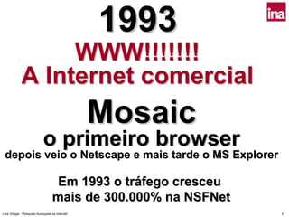 1993
                 WWW!!!!!!!
            A Internet comercial
                                               Mosaic
                           o primeiro browser
 depois veio o Netscape e mais tarde o MS Explorer

                                  Em 1993 o tráfego cresceu
                                 mais de 300.000% na NSFNet
Luís Vidigal - Pesquisa Avançada na Internet                  5
 