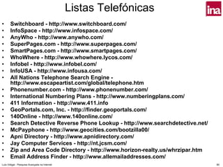 Listas Telefónicas
•      Switchboard - http://www.switchboard.com/
•      InfoSpace - http://www.infospace.com/
•      AnyWho - http://www.anywho.com/
•      SuperPages.com - http://www.superpages.com/
•      SmartPages.com - http://www.smartpages.com/
•      WhoWhere - http://www.whowhere.lycos.com/
•      Infobel - http://www.infobel.com/
•      InfoUSA - http://www.infousa.com/
•      All Nations Telephone Search Engine -
       http://www.escapeartist.com/global/telephone.htm
•      Phonenumber.com - http://www.phonenumber.com/
•      International Numbering Plans - http://www.numberingplans.com/
•      411 Information - http://www.411.info
•      GeoPortals.com, Inc. - http://finder.geoportals.com/
•      140Online - http://www.140online.com/
•      Search Detective Reverse Phone Lookup - http://www.searchdetective.net/
•      McPayphone - http://www.geocities.com/bootzilla00/
•      Apni Directory - http://www.apnidirectory.com/
•      Jay Computer Services - http://nt.jcsm.com/
•      Zip and Area Code Directory - http://www.horizon-realty.us/whrzipar.htm
•      Email Address Finder - http://www.allemailaddresses.com/
Luís Vidigal - Pesquisa Avançada na Internet                                     80
 