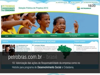 18/20




petrobras.com.br - brasil
 10. Valorização das ações de Responsabilidade da empresa como no
 Hotsite para programa de Desenvolvimento Social e Cidadania.
 