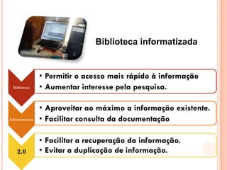 Biblioteca informatizada


                • Permitir o acesso mais rápido à informação
 Biblioteca     • Aumentar interesse pela pesquisa.

                • Aproveitar ao máximo a informação existente.
Informatizada   • Facilitar consulta da documentação

                • Facilitar a recuperação da informação.
   2.0          • Evitar a duplicação de informação.
 