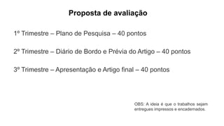 1º Trimestre – Plano de Pesquisa – 40 pontos
2º Trimestre – Diário de Bordo e Prévia do Artigo – 40 pontos
3º Trimestre – Apresentação e Artigo final – 40 pontos
Proposta de avaliação
OBS: A ideia é que o trabalhos sejam
entregues impressos e encadernados.
 