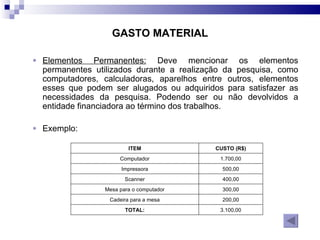 GASTO MATERIAL Elementos Permanentes:  Deve mencionar os elementos permanentes utilizados durante a realização da pesquisa, como computadores, calculadoras, aparelhos entre outros, elementos esses que podem ser alugados ou adquiridos para satisfazer as necessidades da pesquisa. Podendo ser ou não devolvidos a entidade financiadora ao término dos trabalhos.  Exemplo: ITEM     CUSTO (R$)    Computador 1.700,00 Impressora 500,00 Scanner 400,00 Mesa para o computador 300,00 Cadeira para a mesa 200,00 TOTAL: 3.100,00 