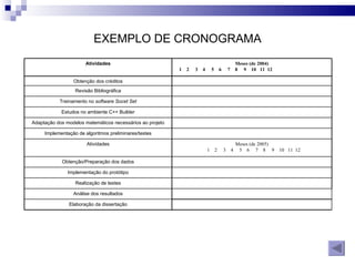 EXEMPLO DE CRONOGRAMA Atividades Meses (de 2004) 1  2  3  4  5  6  7  8  9  10  11  12 Obtenção dos créditos                                   Revisão Bibliográfica                             Treinamento no  software Socet Set                                Estudos no ambiente C++ Builder           Adaptação dos modelos matemáticos necessários ao projeto          Implementação de algoritmos preliminares/testes             Atividades Meses (de 2005) 1  2  3  4  5  6  7  8  9  10  11  12 Obtenção/Preparação dos dados                                   Implementação do protótipo                                   Realização de testes                                   Análise dos resultados                                   Elaboração da dissertação     
