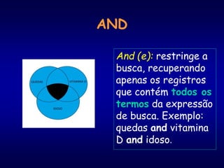 AND
And (e): restringe a
busca, recuperando
apenas os registros
que contém todos os
termos da expressão
de busca. Exemplo:
quedas and vitamina
D and idoso.
 