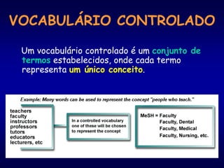 VOCABULÁRIO CONTROLADO
Um vocabulário controlado é um conjunto de
termos estabelecidos, onde cada termo
representa um único conceito.
 