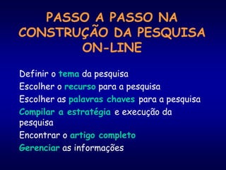 PASSO A PASSO NA
CONSTRUÇÃO DA PESQUISA
ON-LINE
Definir o tema da pesquisa
Escolher o recurso para a pesquisa
Escolher as palavras chaves para a pesquisa
Compilar a estratégia e execução da
pesquisa
Encontrar o artigo completo
Gerenciar as informações
 