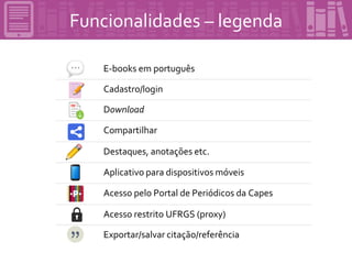 Funcionalidades – legenda
E-books em português
Cadastro/login
Download
Compartilhar
Destaques, anotações etc.
Aplicativo p...