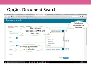 Opção: Document Search
Operadores
booleanos (AND, OR,
AND NOT)
Seleção dos
campos para a
pesquisa
Recursos para limitar
os resultados
 