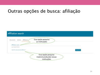 Outras opções de busca: afiliação
Essa opção pesquisa
as instituições
Essa opção pesquisa
material produzido nessas
instituições
34
 