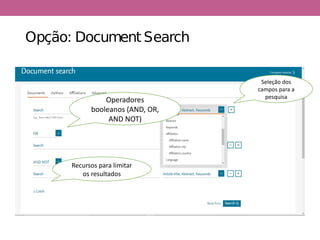 Opção: Document Search
Operadores
booleanos (AND, OR,
AND NOT)
Seleção dos
campos para a
pesquisa
Recursos para limitar
os resultados
 