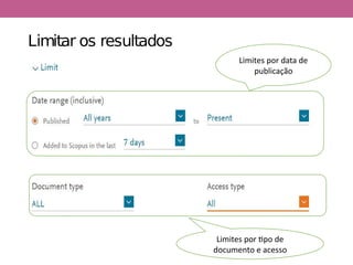 Limitar os resultados
Limites por data de
publicação
Limites por tipo de
documento e acesso
 