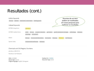 Resultados (cont.)
Assuntos de um item
podem ser reutilizados
em novas pesquisas para
melhorar os resultados
 