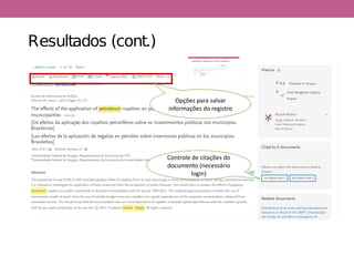 Resultados (cont.)
Opções para salvar
informações do registro
Controle de citações do
documento (necessário
login)
 