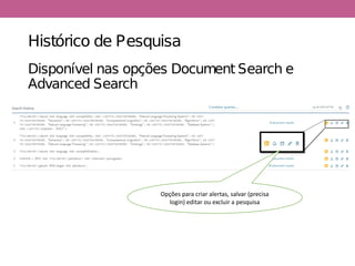 Histórico de Pesquisa
Disponível nas opções Document Search e
Advanced Search
Opções para criar alertas, salvar (precisa
login) editar ou excluir a pesquisa
 