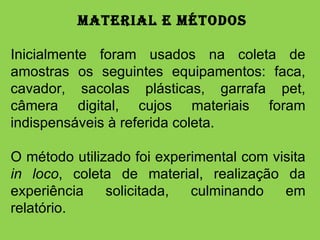    MATERIAL E MÉTODOS Inicialmente foram usados na coleta de amostras os seguintes equipamentos: faca, cavador, sacolas plásticas, garrafa pet, câmera digital, cujos materiais foram indispensáveis à referida coleta.  O método utilizado foi experimental com visita  in loco , coleta de material, realização da experiência solicitada, culminando em relatório.  