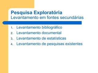Pesquisa Exploratória Levantamento em fontes secundárias Levantamento bibliográfico Levantamento documental Levantamento de estatísticas Levantamento de pesquisas existentes 