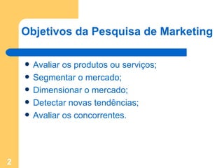 Objetivos da Pesquisa de Marketing Avaliar os produtos ou serviços; Segmentar o mercado; Dimensionar o mercado; Detectar novas tendências; Avaliar os concorrentes. 