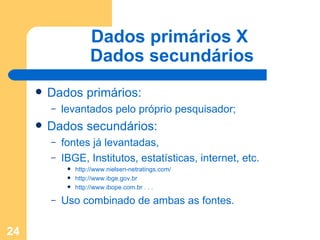 Dados primários X  Dados secundários Dados primários:  levantados pelo próprio pesquisador; Dados secundários:  fontes já levantadas,  IBGE, Institutos, estatísticas, internet, etc. http://www.nielsen-netratings.com/ http://www.ibge.gov.br http://www.ibope.com.br . . . Uso combinado de ambas as fontes. 
