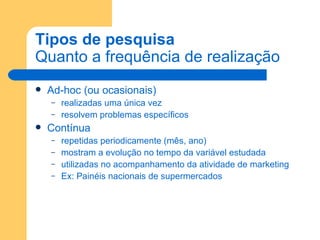 Tipos de pesquisa  Quanto a frequência de realização Ad-hoc (ou ocasionais) realizadas uma única vez resolvem problemas específicos Contínua repetidas periodicamente (mês, ano) mostram a evolução no tempo da variável estudada utilizadas no acompanhamento da atividade de marketing Ex: Painéis nacionais de supermercados 