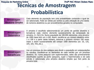 Técnicas de Amostragem  Probabilística Amostragem  Aleatória Simples Cada elemento da população tem uma probabilidade conh...