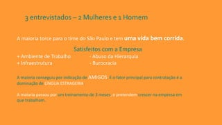3 entrevistados – 2 Mulheres e 1 Homem
A maioria torce para o time do São Paulo e tem uma vida bem corrida.
Satisfeitos com a Empresa
+ Ambiente de Trabalho - Abuso da Hierarquia
+ Infraestrutura - Burocracia
A maioria conseguiu por indicação de AMIGOS. E o fator principal para contratação é a
dominação de LÍNGUA ESTRAGEIRA.
A maioria passou por um treinamento de 3 meses, e pretendem crescer na empresa em
que trabalham.
 