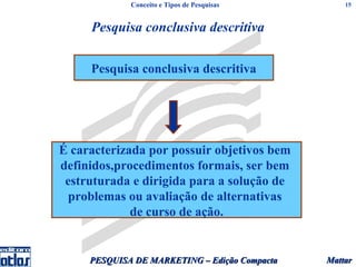 Conceito e Tipos de Pesquisas         15



     Pesquisa conclusiva descritiva

     Pesquisa conclusiva descritiva




É caracterizada por possuir objetivos bem
definidos,procedimentos formais, ser bem
 estruturada e dirigida para a solução de
 problemas ou avaliação de alternativas
             de curso de ação.


     PESQUISA DE MARKETING – Edição Compacta   Mattar
 