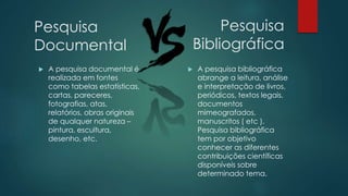 Pesquisa
Documental
 A pesquisa bibliográfica
abrange a leitura, análise
e interpretação de livros,
periódicos, textos legais,
documentos
mimeografados,
manuscritos ( etc ).
Pesquisa bibliográfica
tem por objetivo
conhecer as diferentes
contribuições científicas
disponíveis sobre
determinado tema.
Pesquisa
Bibliográfica
 A pesquisa documental é
realizada em fontes
como tabelas estatísticas,
cartas, pareceres,
fotografias, atas,
relatórios, obras originais
de qualquer natureza –
pintura, escultura,
desenho, etc.
 