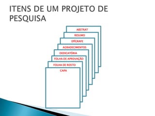 ITENS DE UM PROJETO DE PESQUISACAPAABSTRATCAPARESUMOCAPAEPÍGRAFECAPAAGRADECIMENTOSCAPADEDICATÓRIACAPAFOLHADE APROVAÇÃOCAPAFOLHA DE ROSTOCAPACAPA