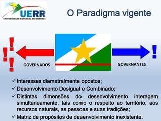 GOVERNADOS GOVERNANTES
O Paradigma vigente
 Interesses diametralmente opostos;
 Desenvolvimento Desigual e Combinado;
 Distintas dimensões do desenvolvimento interagem
simultaneamente, tais como o respeito ao território, aos
recursos naturais, as pessoas e suas tradições;
 Matriz de propósitos de desenvolvimento inexistente.
 