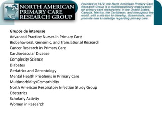 Grupos de interesseAdvanced Practice Nurses in Primary CareBiobehavioral, Genomic, and Translational ResearchCancer Research in Primary CareCardiovascular DiseaseComplexity ScienceDiabetesGeriatrics and GerontologyMental Health Problems in Primary CareMultimorbidity/ComorbidityNorth American Respiratory Infection Study GroupObstetricsScholarly ActivityWomen in Research