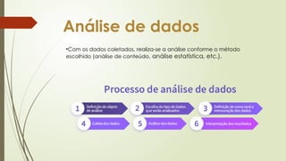 Análise de dados
•Com os dados coletados, realiza-se a análise conforme o método
escolhido (análise de conteúdo, análise estatística, etc.).
 