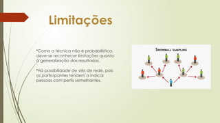 Limitações
•Como a técnica não é probabilística,
deve-se reconhecer limitações quanto
à generalização dos resultados.
•Há possibilidade de viés de rede, pois
os participantes tendem a indicar
pessoas com perfis semelhantes.
 