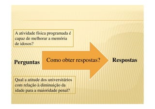 Perguntas RespostasComo obter respostas?
A atividade física programada é
capaz de melhorar a memória
de idosos?
Qual a atitude dos universitários
com relação à diminuição da
idade para a maioridade penal?
 