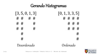 Gerando Histogramas
19:46 Pesquisa e Ordenação: Trabalho Prático 01 – Métodos de Ordenação
[3, 5, 0, 1, 3]
# # # #
# # #
# # #
#
#
Desordenado
[0, 1, 3, 3, 5]
# # # #
# # #
# # #
#
#
Ordenado
 
