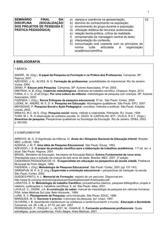 3
SEMINÁRIO FINAL DA
DISCIPLINA (SOCIALIZAÇÃO
DOS PROJETOS DE PESQUISA E
PRÁTICA PEDAGÓGICA)
a) clareza e coerência na apresentação;
b) domínio do conhecimento na exposição;
c) envolvimento do grupo durante a exposição;
d) utilização didática de recursos audiovisuais;
e) relação teoria-prática, crítica da realidade;
f) compreensão da mensagem central do texto;
g) interpretação do conteúdo;
h) comunicação oral coerente com os princípios da
norma culta articulada à organização
acadêmico/científica.
10
8 BIBLIOGRAFIA
1 BÁSICA
ANDRÉ, M. (Org.). O papel da Pesquisa na Formação e na Prática dos Professores. Campinas, SP:
Papirus, 2001.
AZEVEDO, J. G.; ALVES, N. G. Formação de professores: possibilidades do imprevisível. Rio de Janeiro:
Vozes, 2004.
DEMO, P. Educar pela Pesquisa. Campinas, SP: Autores Associados. 6ª ed. 2003.
DMITRUK, H. B. (Org). Cadernos metodológicos: diretrizes do trabalho científico. Chapecó: Argos, 2012.
FARIA, A. L. G. et all (Orgs). Por uma cultura da infância: metodologias de pesquisa com crianças. SP: Autores
Associados, 2002.
FAZENDA, I. (Org.). Novos Enfoques da pesquisa educacional. 5ª ed.. São Paulo: Cortez, 2004.
LÜDKE, M.; ANDRÉ, M. E. D. A. Pesquisa em Educação: Abordagens qualitativas. São Paulo: EPU. 2007.
MEKSENAS, P. Pesquisa Social e Ação Pedagógica: conceitos, métodos e práticas. São Paulo: Edições
Loyola, 2002.
MINAYO, M.C. de S. (Org). Pesquisa social: teoria, método e criatividade. Petrópolis: RJ: Vozes, 1994.
TURA, M. L. R. A observação do cotidiano escolar. In: ZAGO, N.;CARVALHO, M.P.; VILELA, R.A.T. (Orgs.)
Itinerários de pesquisa. Perspectivas qualitativas na Sociologia da Educação. Rio de Janeiro, DP&A, 2003,
p.183-205.
2 COMPLEMENTAR
ARROYO, M. G. O Significado da Infância. In: Anais do I Simpósio Nacional de Educação Infantil. Brasília:
MEC, p.88-92, 1994.
AZANHA, J. M. P. Uma idéia de Pesquisa Educacional. São Paulo: Edusp, 1992.
AZEVEDO, I. B. O prazer da produção científica para a elaboração de trabalhos acadêmicos. 11ª ed. rev. e
atual. São Paulo: Hagnos, 2001.
BRASIL. Ministério da Educação. Secretaria de Educação Básica. Ensino Fundamental de nove anos.
Orientações para a inclusão da criança de seis anos de idade. Brasília: MEC, 2007. 2ª edição.
CADERNOS PEDAGÓGICOS 10. O especialista em educação na perspectiva da escola cidadã. Prefeitura
Municipal de Porto Alegre, 1996.
FAZENDA, I. (Org.) Metodologia de Pesquisa Educacional. São Paulo: Cortez, 2001 (pp 137-143).
GRINSPUN, M. P. S. Z. (org.) Supervisão e orientação educacional – perspectivas de interação na escola.
São Paulo: Cortez, 2003.
GUEDES-PINTO, A. L. Memorial de Formação: registro de um percurso. Disponível em:
http://www.fe.unicamp.br/ensino/graduacao/downloads/proesf-AnaGuedes.pdf
LAKATOS, E. M. Metodologia do trabalho Científico: procedimentos básicos, pesquisa bibliográfica, projeto e
relatório, publicações e trabalhos científicos. 6. ed. São Paulo: Atlas, 2001.
LAVILLE, C.; DIONE, J.A. A construção do saber: manual de metodologia da pesquisa em ciências humanas.
POA: Artes Médicas Sul Ltda: Belo Horizonte., 1999.
LUNA, S. V. Planejamento de Pesquisa: uma introdução. São Paulo: EDUC, 1996.
MARQUES, M. O. Escrever é preciso: o princípio da pesquisa. Ijuí: Unijuí, 1997.
OLIVEIRA, I. B. Aprendendo nos/dos/com os cotidianos a ver/ler/ouvir/sentir o mundo, Educação e Sociedade,
Campinas, vol. 28, n.98, p. 47-72, jan./abr. 2007.
PERRENOUD, P.; PAQUAY, L.; ALTET, M.; CHARLIE, E. Formando professores profissionais: Quais
estratégias, quais competências. Porto Alegre: Artes Medicas, 2001.
 