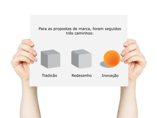 Para as propostas de marca, foram seguidos
três caminhos:
Tradicão Redesenho Inovação
 