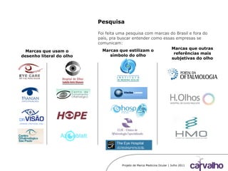 Projeto de Marca Medicina Ocular | Julho 2011
Pesquisa
Foi feita uma pesquisa com marcas do Brasil e fora do
país, pra buscar entender como essas empresas se
comunicam:
Marcas que usam o
desenho literal do olho
Marcas que estilizam o
símbolo do olho
Marcas que outras
referências mais
subjetivas do olho
 