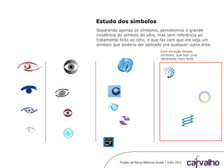 Estudo dos símbolos
Separando apenas os símbolos, percebemos a grande
incidência do símbolo do olho, mas sem referência ao
tratamento feito ao olho, o que faz com que ele seja um
símbolo que poderia ser aplicado pra qualquer outra área.
Projeto de Marca Medicina Ocular | Julho 2011
Com exceção desses
símbolos, que tem uma
identidade mais forte.
 